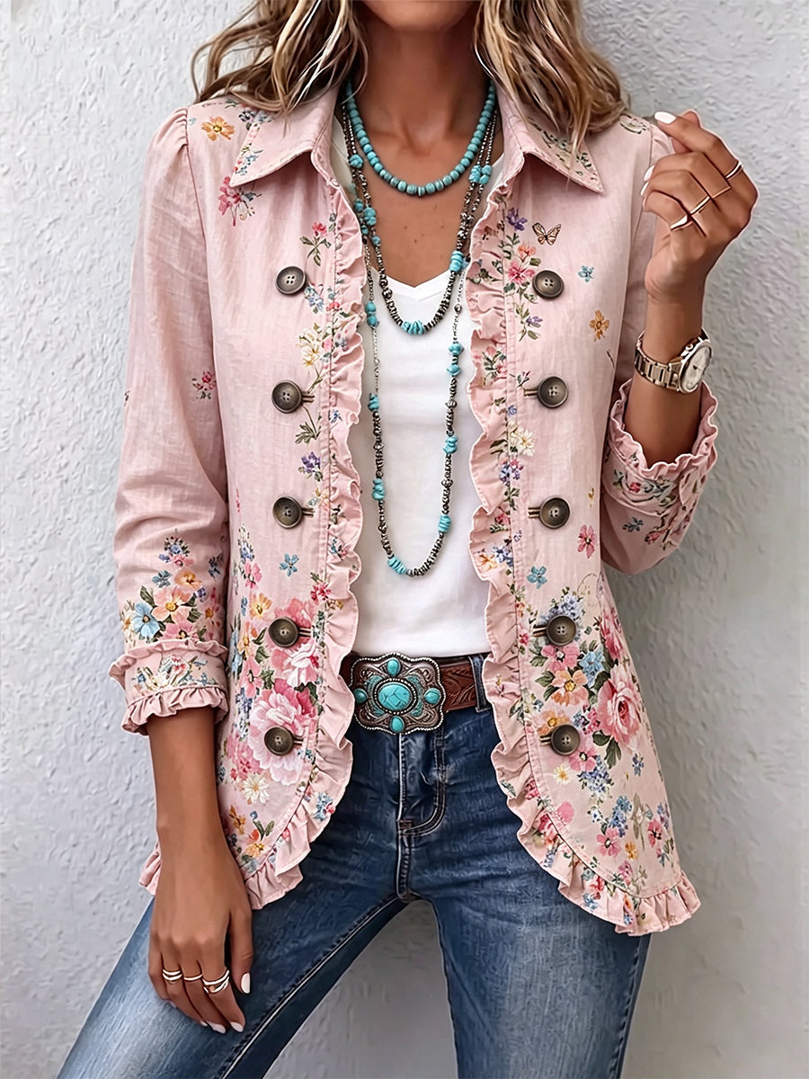 Martina | Floral Pink Jacket with Ruffles and Buttons
