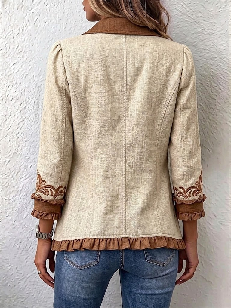 Ottavia | Vintage Camel and Brown Floral Bohemian Jacket with Ruffles