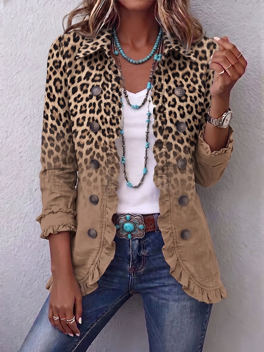 Corinna | Vintage Camel Ombre Leopard Print Jacket with Ruffles