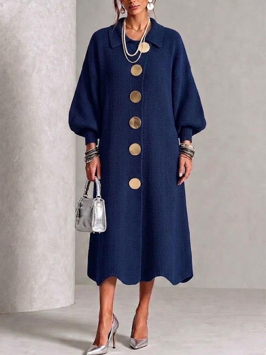 Nora™ | Long-sleeve Knit Dress With A Large Metal Buckle, Lapel Collar, And Lantern Sleeves