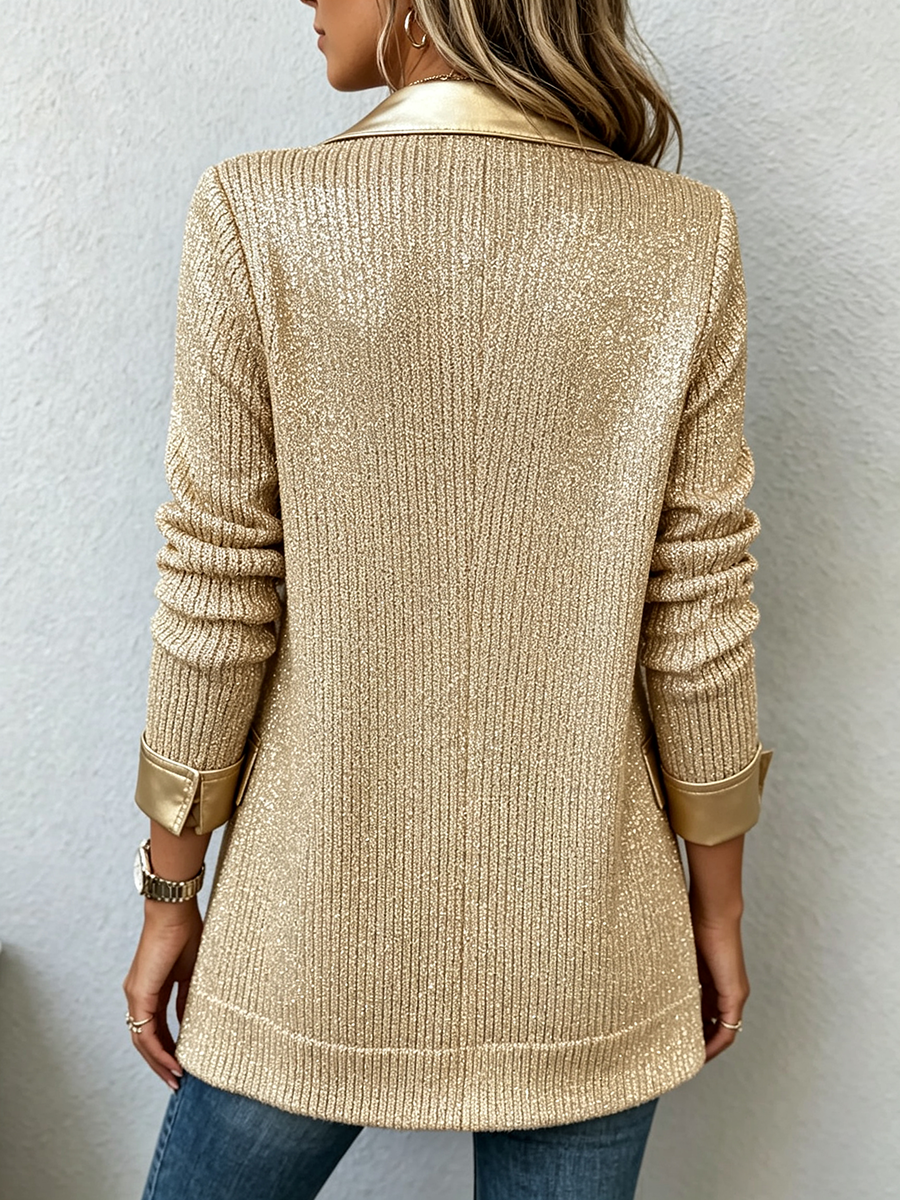Zarae™ | Chic Gold Knit Blazer With Sleek Faux Leather Trim