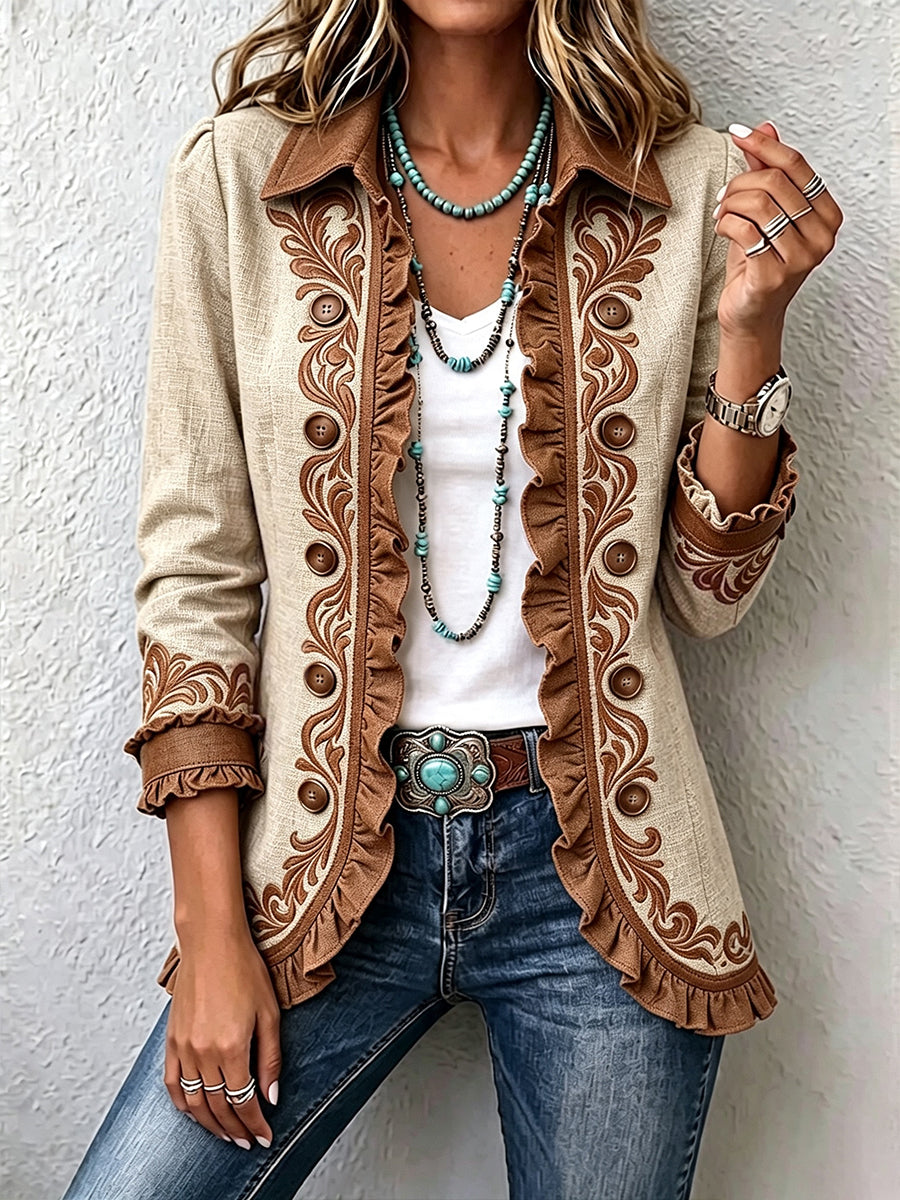 Ottavia | Vintage Camel and Brown Floral Bohemian Jacket with Ruffles
