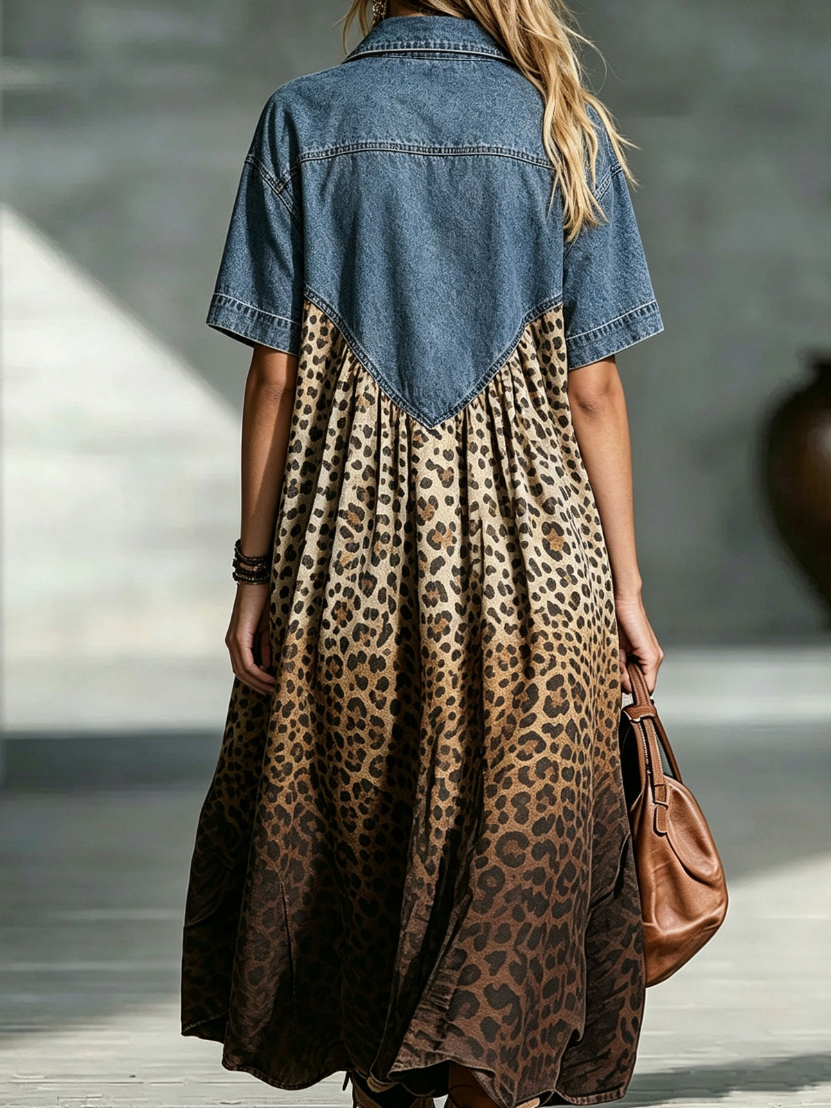 Stella™ | Women’s Denim Spliced Gradient Leopard Print Shirt Midi Dress