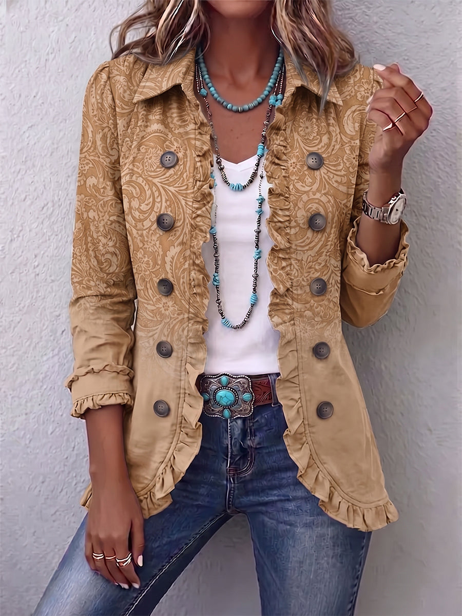 Chiara | Khaki Printed Western Jacket with Ruffles