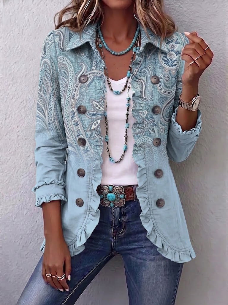 Emilia | Vintage Sky Blue Paisley Jacket with Ruffles