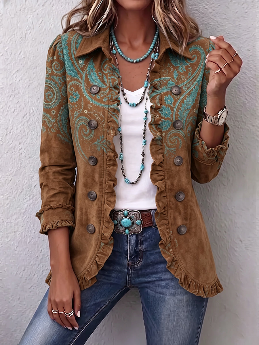 Emily™ | Western Pattern Print Linen Blend Ruffle Jacket