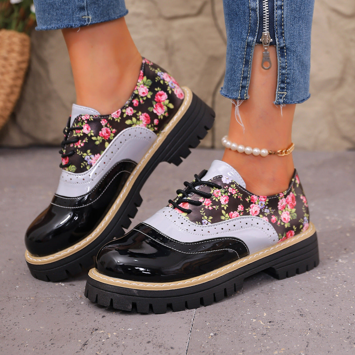 Chantal | Floral Brogue Shoes with Arch Support